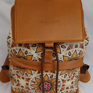 Mandela Print & Plain Tan Leather Backpack – Stylish Laptop Bag